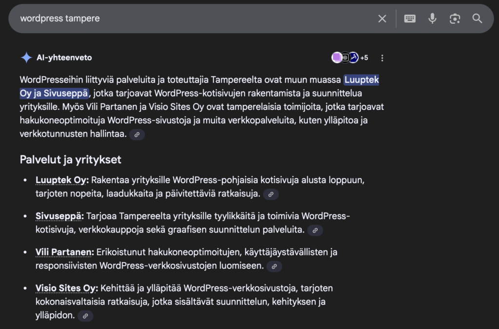 WordPress Tampere AI Google Haku