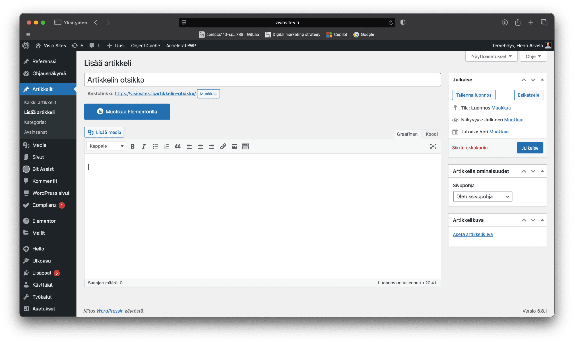 WordPress blogin artikkelin lisääminen