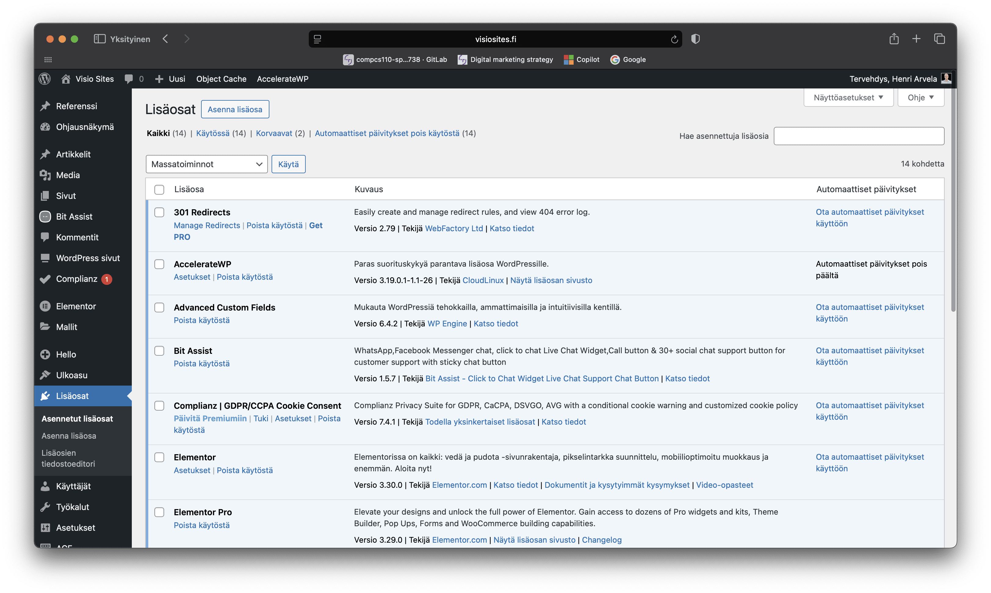 WordPress lisäsoat hallintapaneelissa