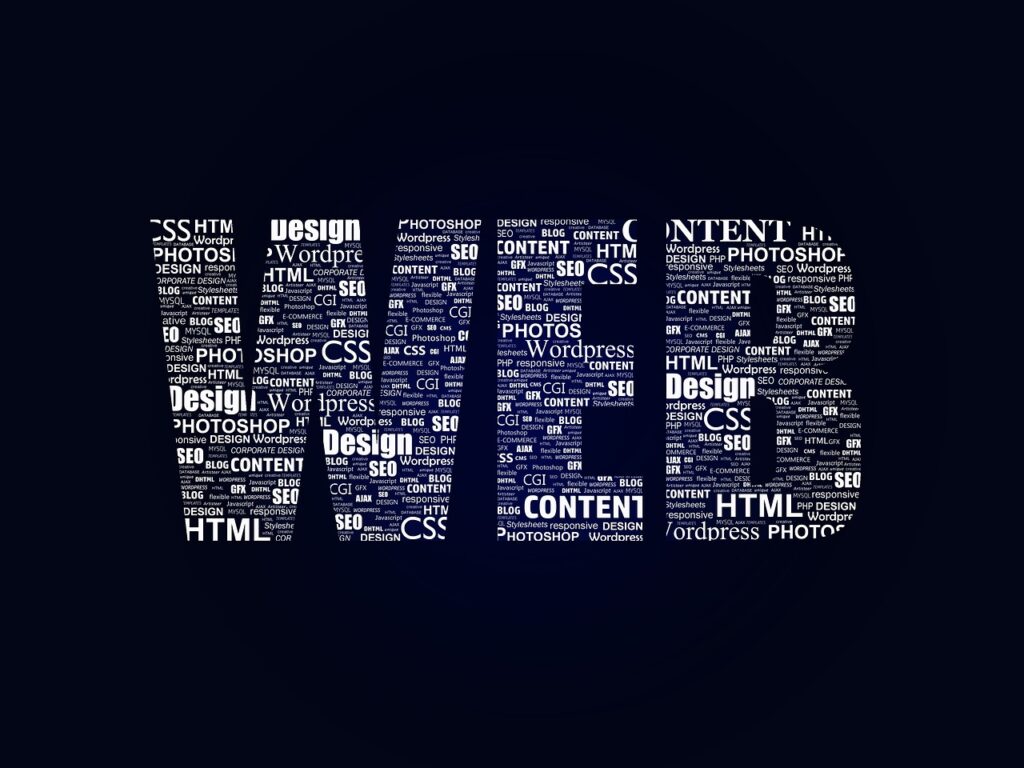 WEB-teksti muodostettu verkkosivusanoista tummalla taustalla, mukana WordPress
